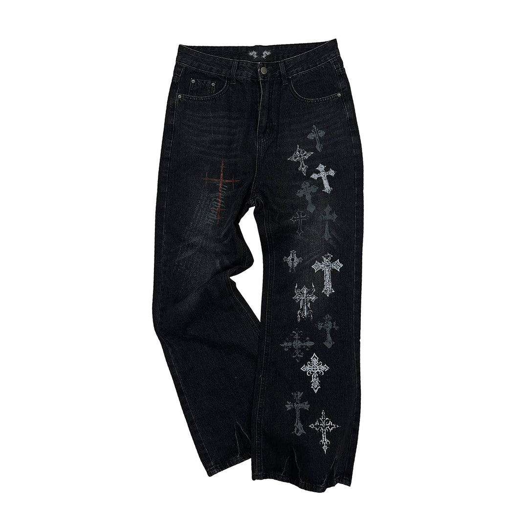 Punk Slight-flare Jeans, Varied Cross Prints 45698:859538