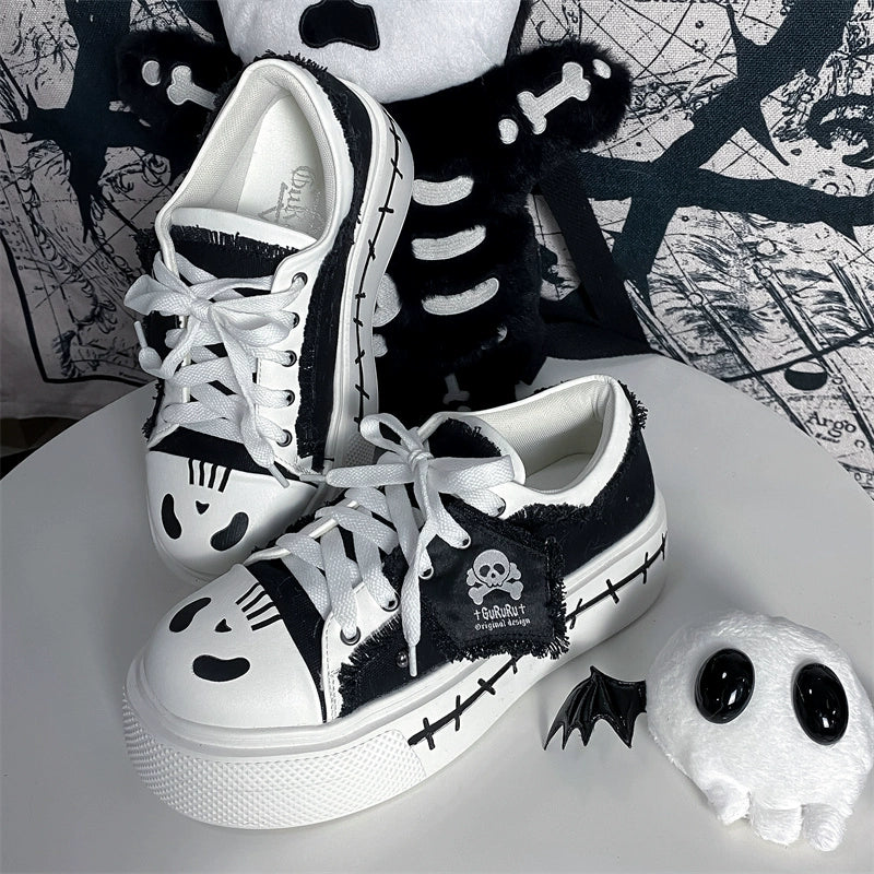 Y2K Subculture Girl Platform Canvas Black White Shoes 28960:343976