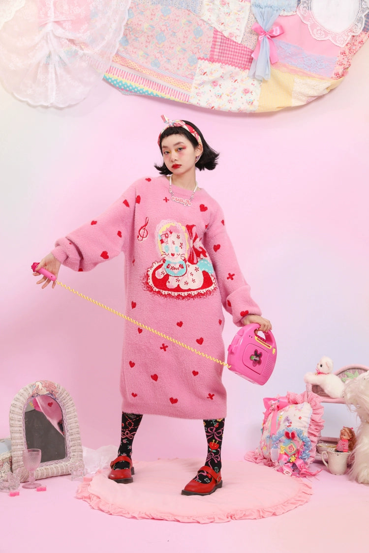 Kawaii Pink Sweater Dress Fluffy Dress With Heart Cat Patterns 31508:367800 31508:367800