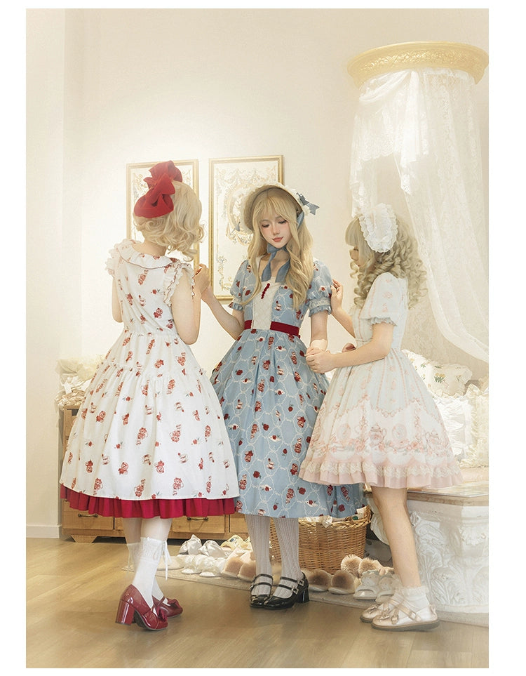 Pink Blue Lolita Dress Short Sleeve Lolita Dress Floral Tea Pot Print 37134:552396