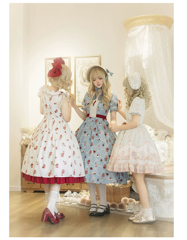 Pink Blue Lolita Dress Short Sleeve Lolita Dress Floral Tea Pot Print 37134:552396 37134:552396