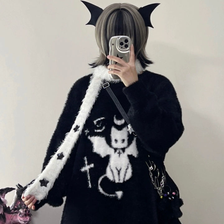 Yami Kawaii Sweater Devil Cat Black Loose Warm Top 39738:640338