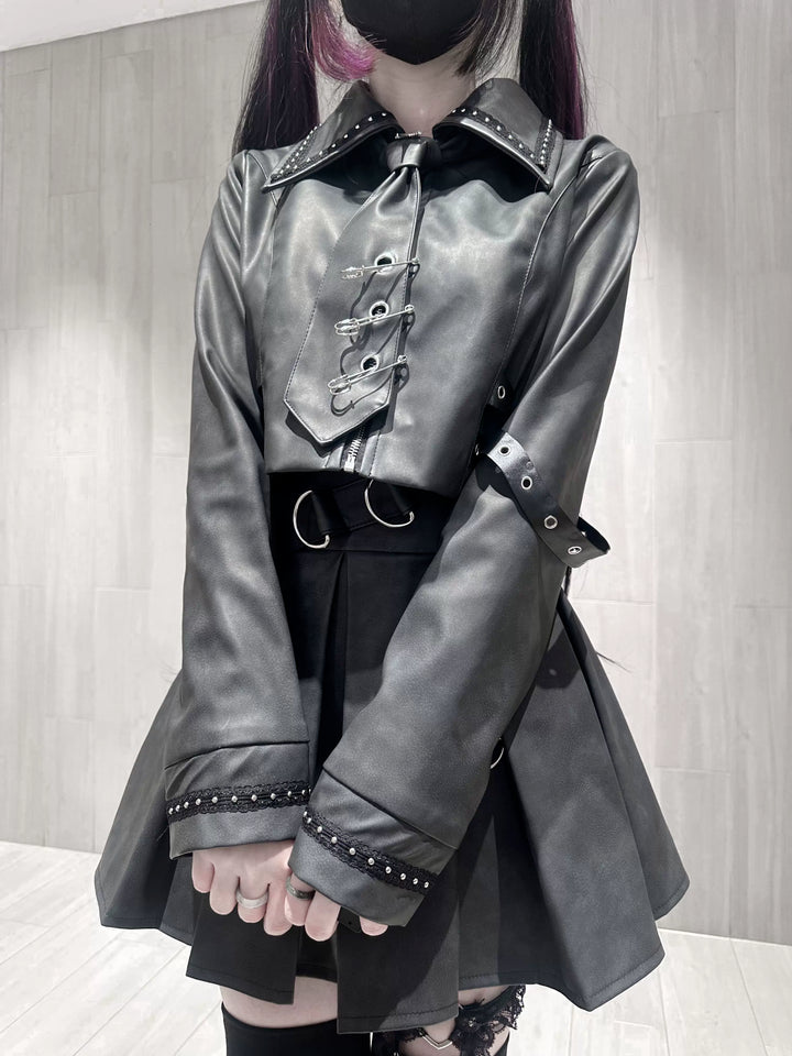 Punk Style PU Jacket, Pleated Skirt 44568:816015