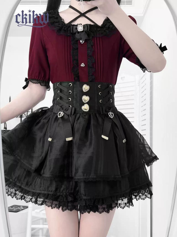 Lace Square Neck Jirai Kei Blouse, Detachable Rhinestone Bow 43611:780668