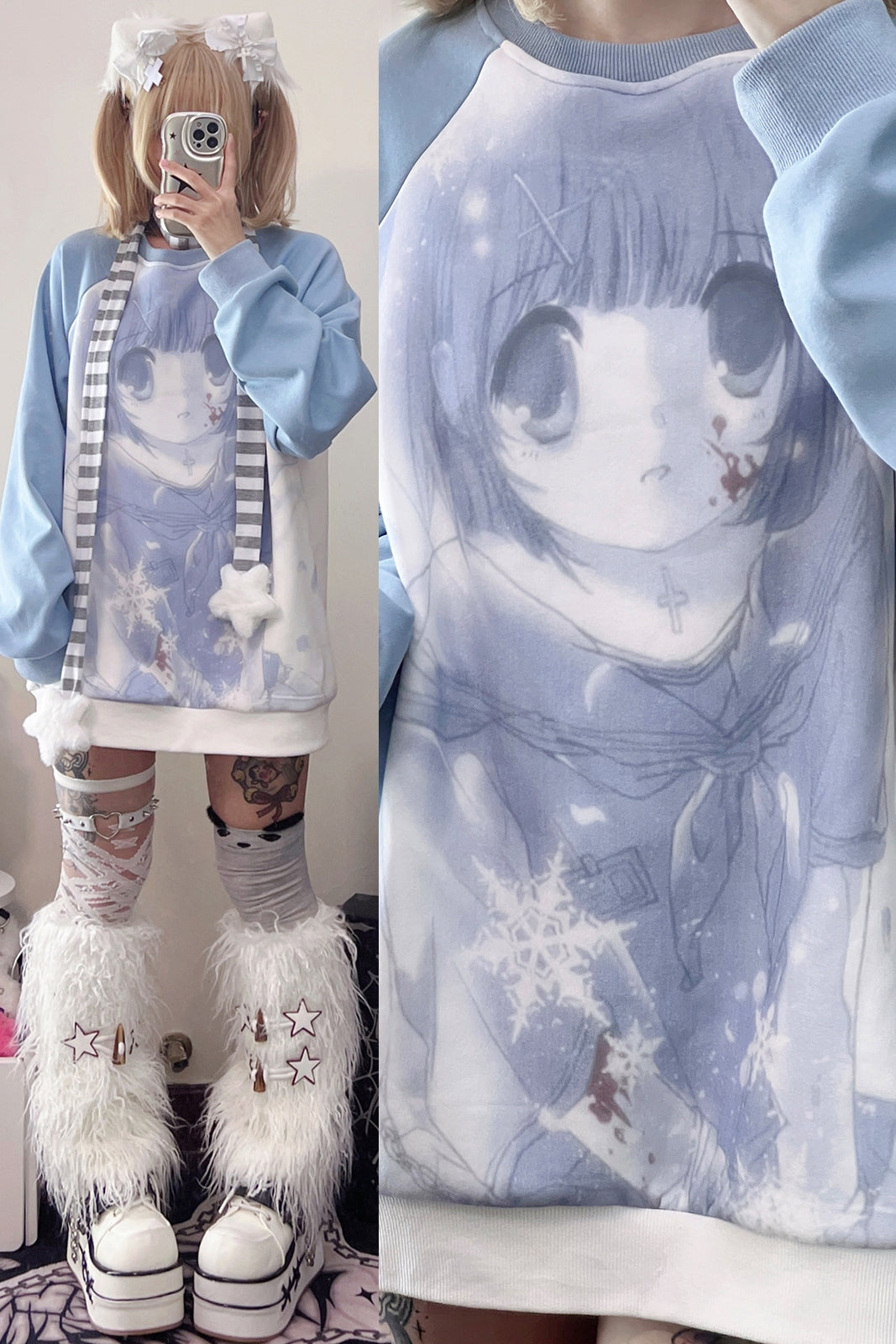 Jirai Kei Blue Sweatshirt Anime Girl Printed Sweatshirt 33326:430988 33326:430988