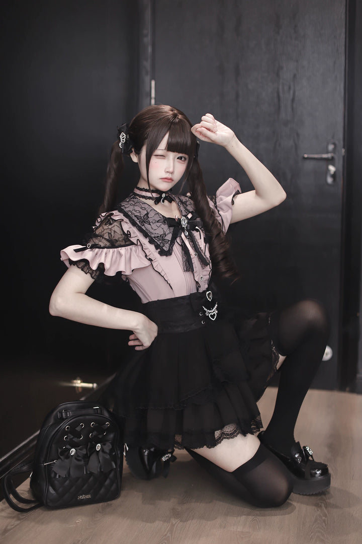 Jirai Kei Lace Sleeve Blouse, Ruffle Details 45194:841374