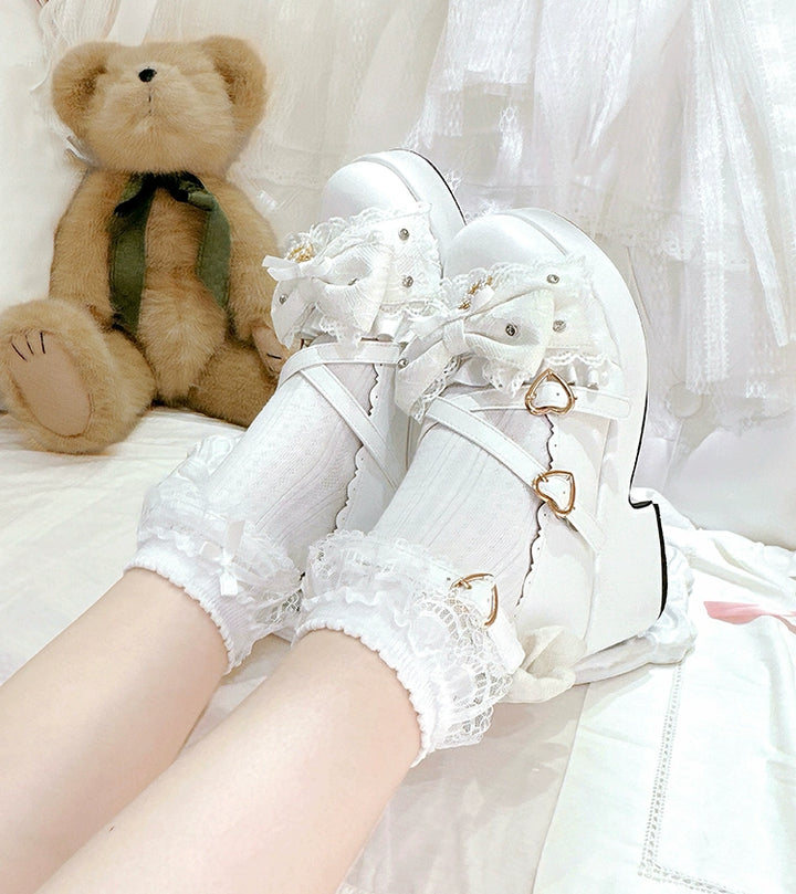 Jirai Kei Platform Shoes, Lace Bow Details, Chunky Heel 43445:778171