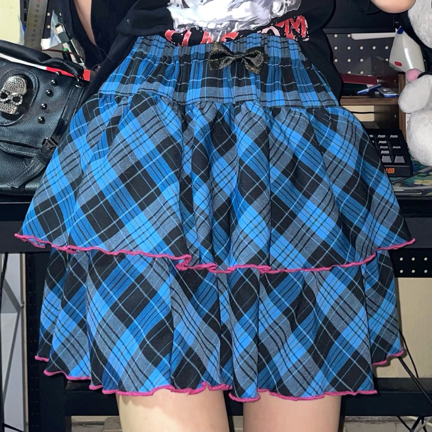 Punk Plaid Skirt Pink Blue Skirt Bow Layered Ruffle Skirt (L M) 33818:445980
