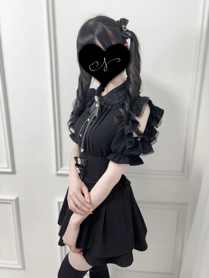 Ruffle Lace Ryousangata Blouse with Pearl Buttons And Ribbon 43103:765839