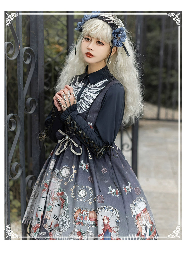 Gothic Lolita Dress Set Black White Lolita Blouse Dress Set 35536:495616