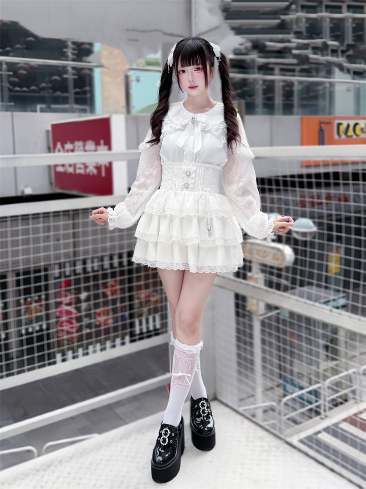 Ryousangata White Lace Blouse & High Waist Skirt 45579:853611