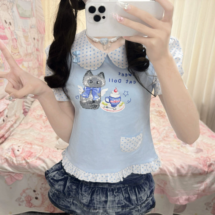 Kawaii T-shirt Cute Cat Print Top Flying Sleeve Shirt 38734:599640