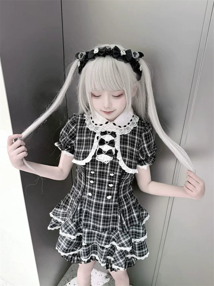 Plaid Jirai Kei Dress Set, Peter-pan Collar 45568:853311
