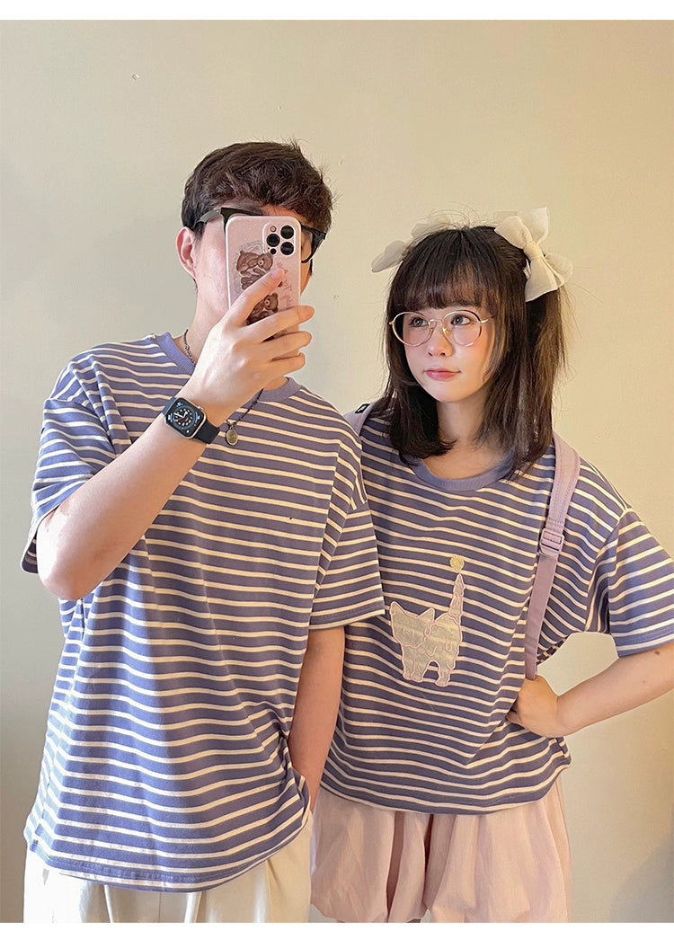 Kawaii Aesthetic Shirt Striped Short Sleeve Cotton Top 36562:518408