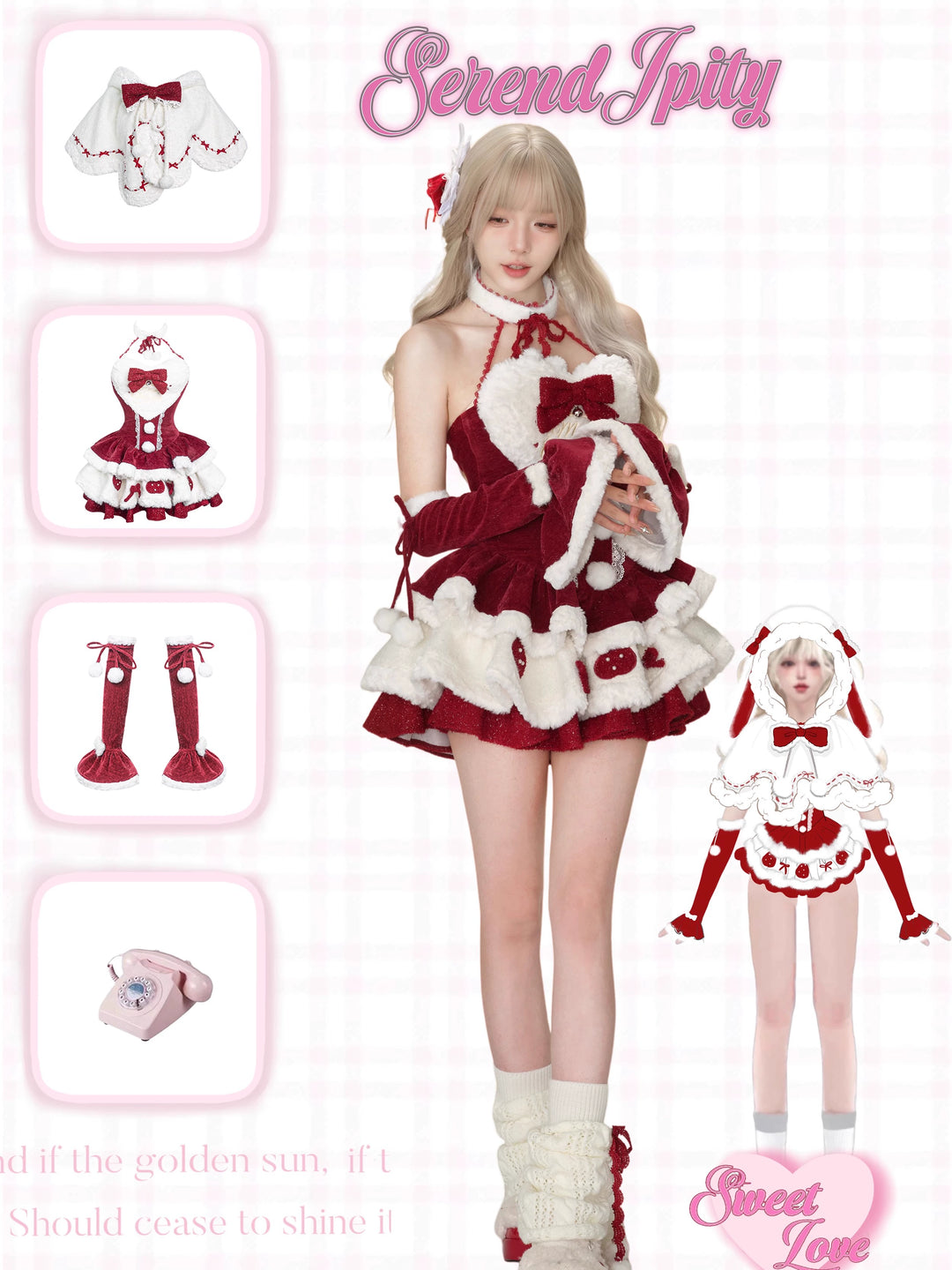 Kawaii Christmas Red Velvet Dress And White Bunny Ear Cape 41118:686502