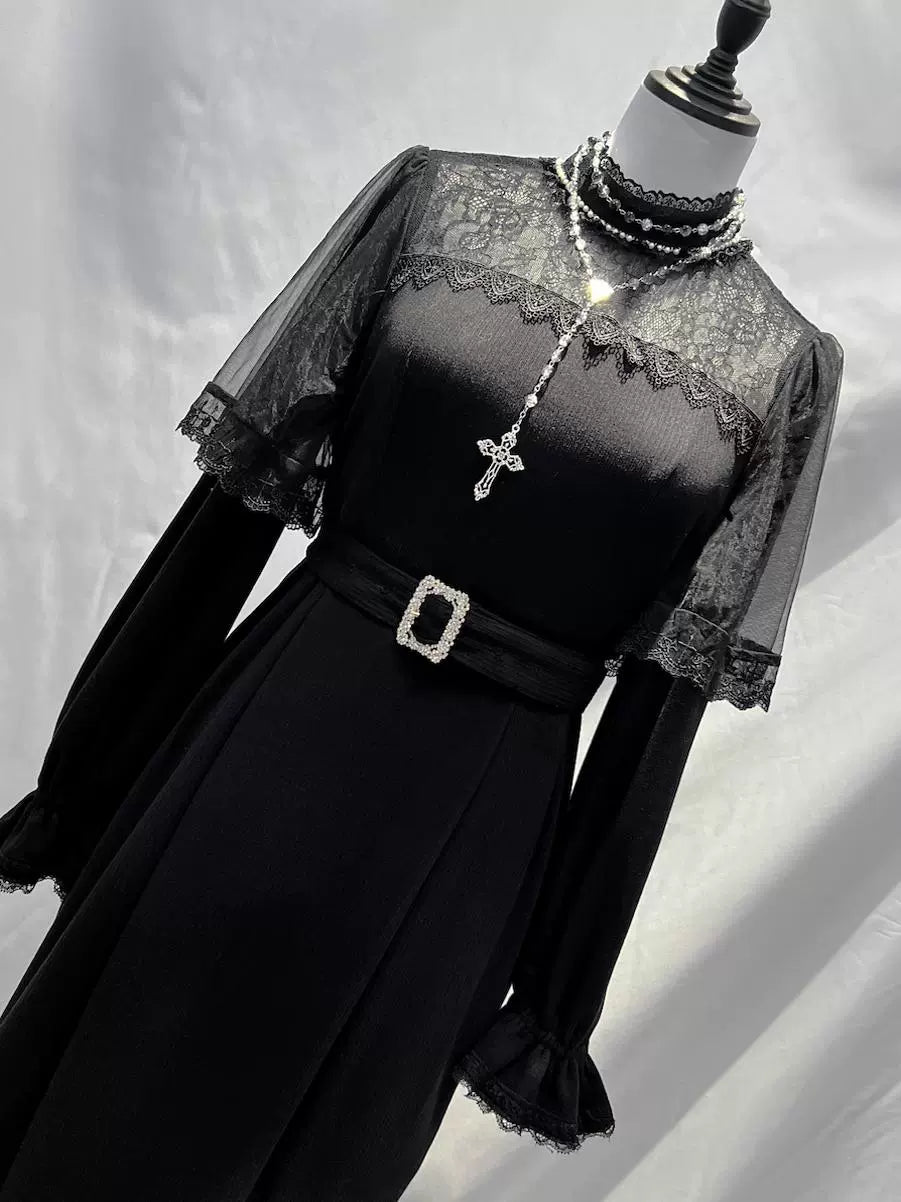 Long Jirai Kei Dress With Lace Trim at Collar & Cuffs 40726:674096