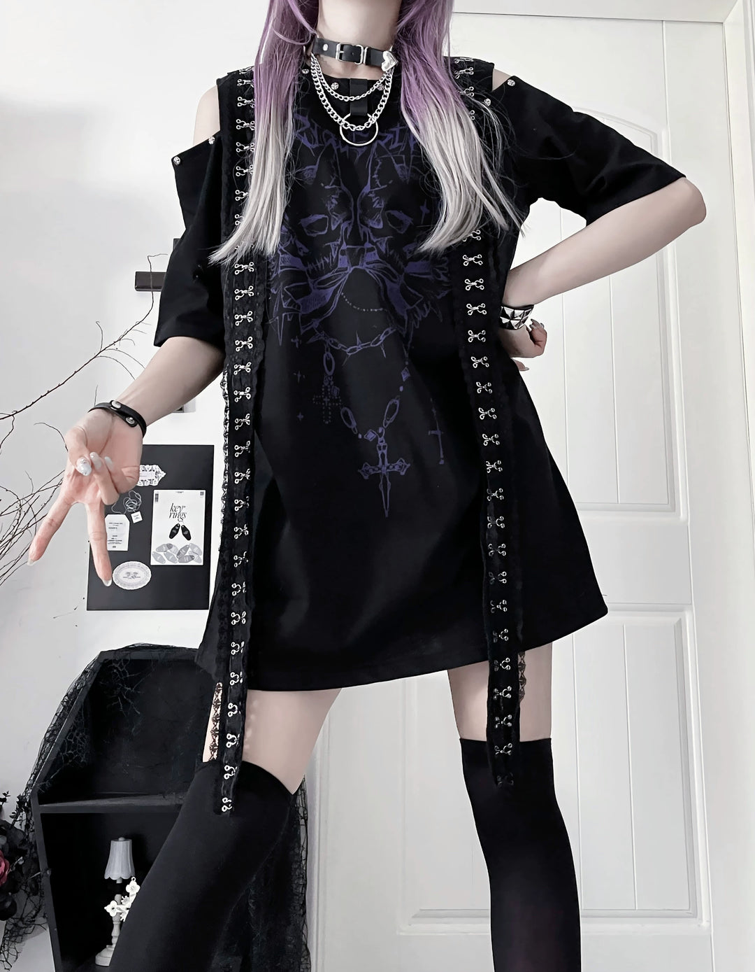 Open-Shoulder Subculture Cotton T-Shirt 43872:789423