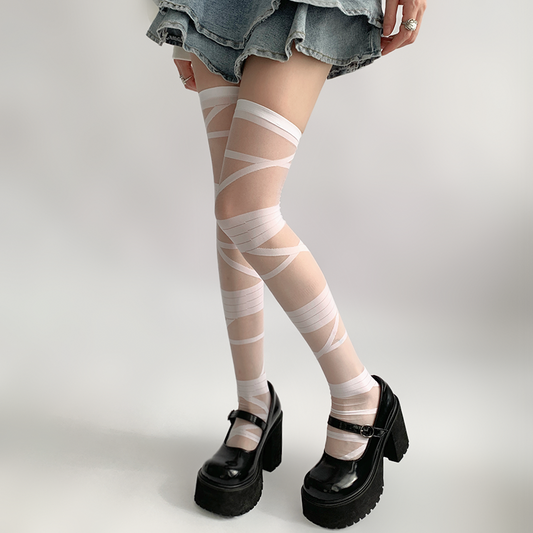 Lolita Socks Y2K Thigh-high Socks Straps White Black Silk 36616:522430