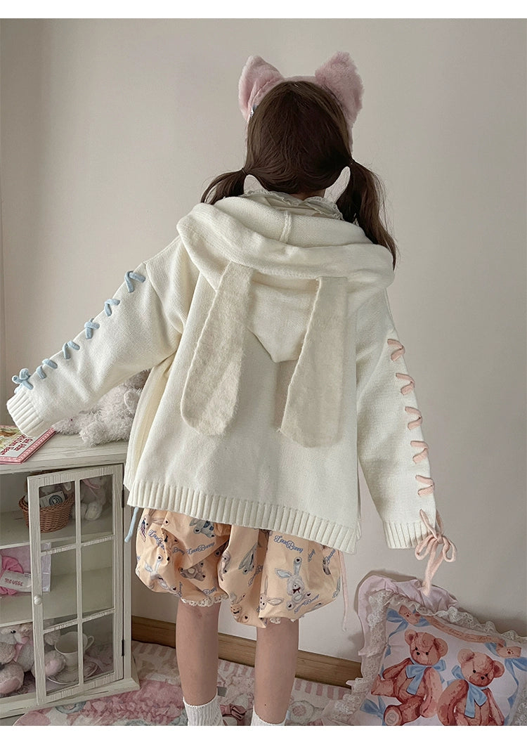 Kawaii White Pink Blue Cardigan Bunny Ears Sweater Coat 22658:345368 22658:345368