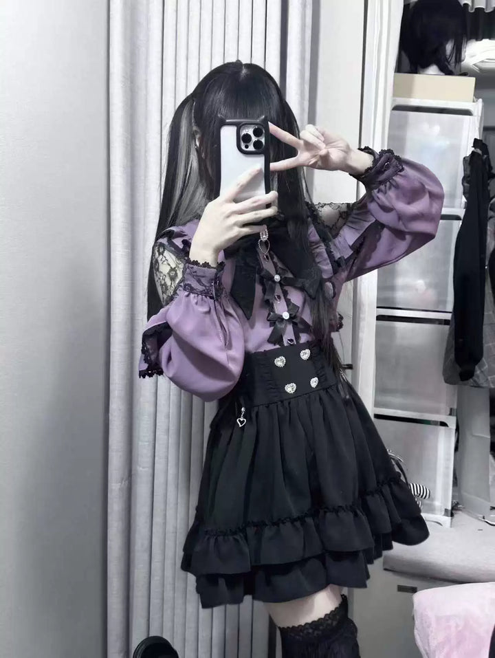 Purple Jirai Kei Blouse, Lace Trim and Detachable Bows 44666:818560