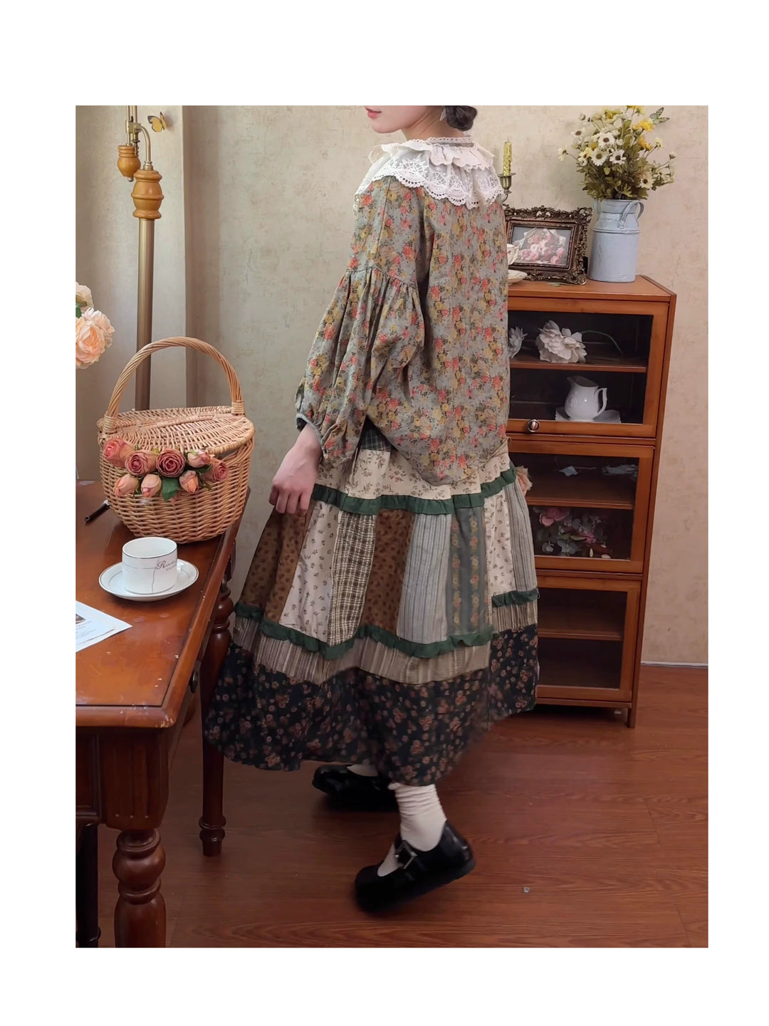 Mori Kei Skirt Retro Plaid Patchwork Floral Long Skirt 41800:713976