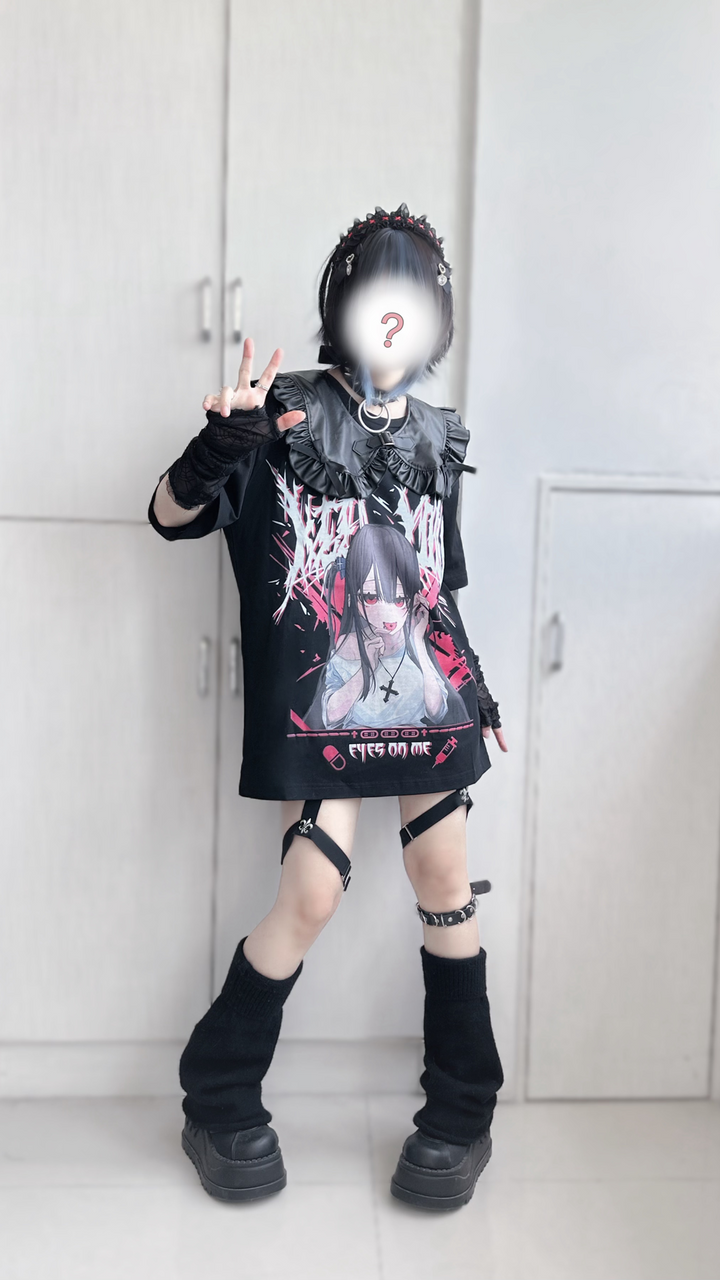 Jirai Kei T-shirt Black Cotton T-shirt Girl Print 38876:608274