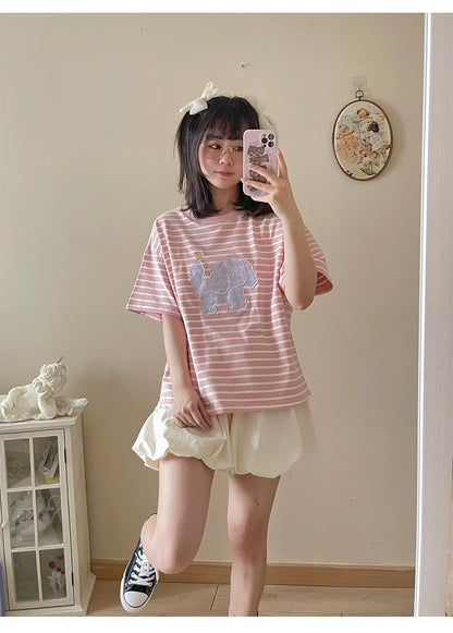 Kawaii Aesthetic Shirt Striped Short Sleeve Cotton Top 36562:518520