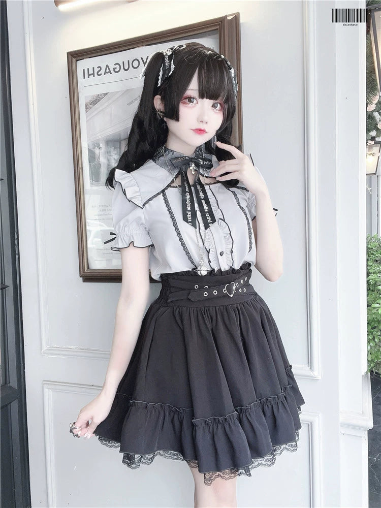 Black Jirai Kei Skirt Heart Buckle Cross-Strap Overalls 31996:397322