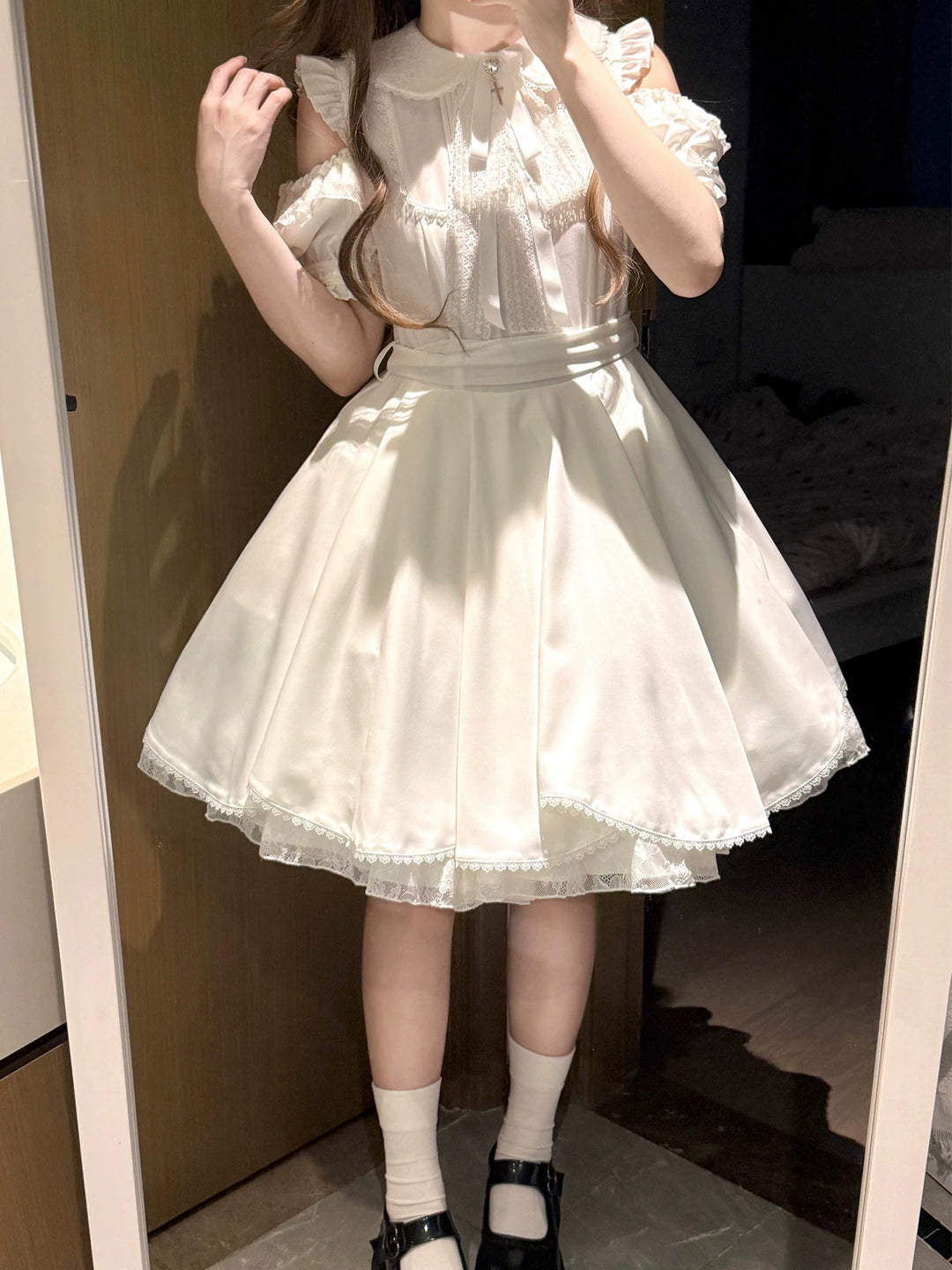 Seiso Kei Solid Lace Dress, Open Shoulder 45634:857925