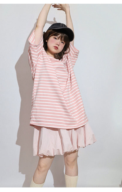 Kawaii Aesthetic Shirt Striped Short Sleeve Cotton Top 36562:518480