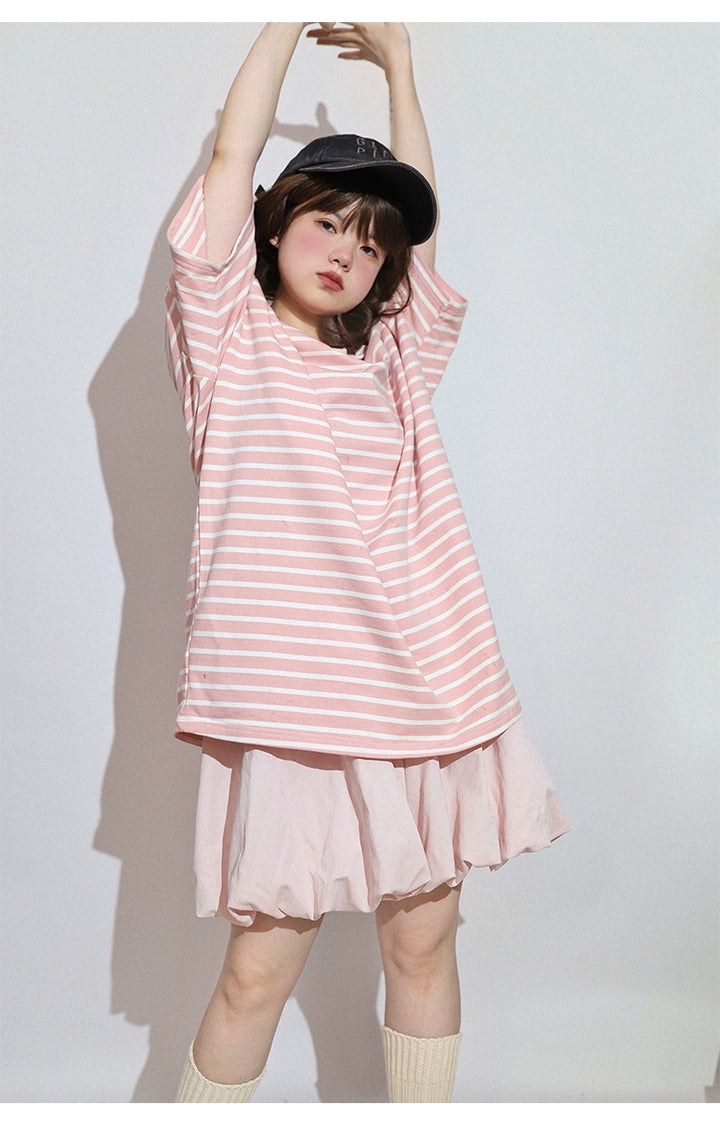 Kawaii Aesthetic Shirt Striped Short Sleeve Cotton Top 36562:518480 36562:518480