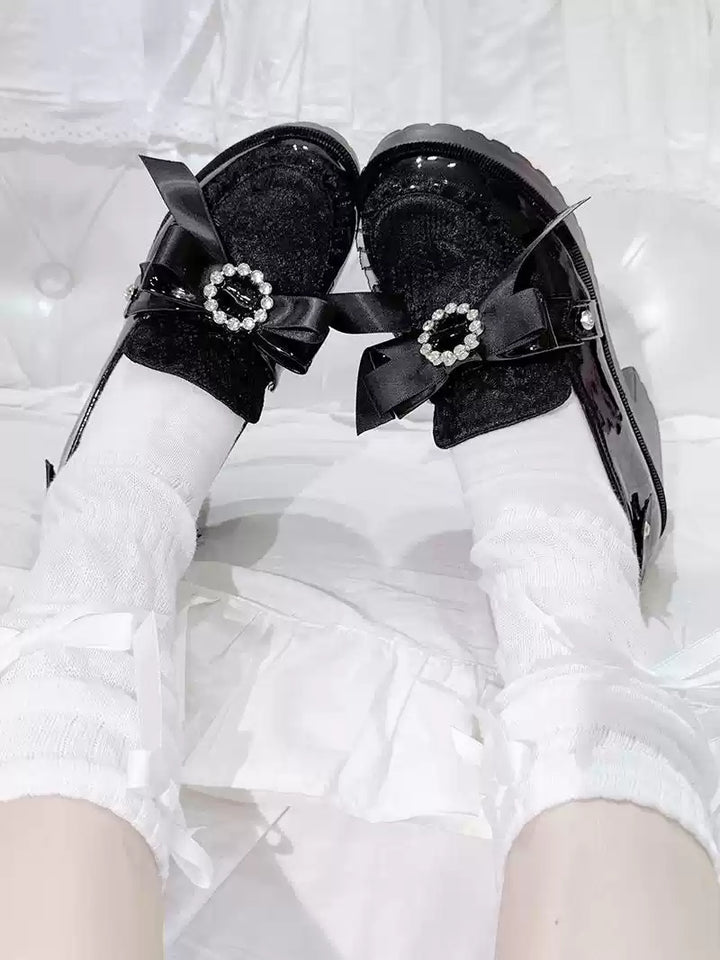 Jirai Kei Shoes Ryousangata Platform Shoes With Ribbon Rhinestone 41558:703808