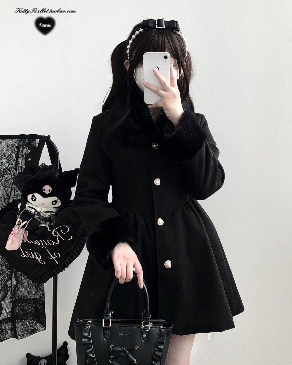 Jirai Kei Coat Detachable Fur Collar Dress Wool-like Jacket 40416:667600