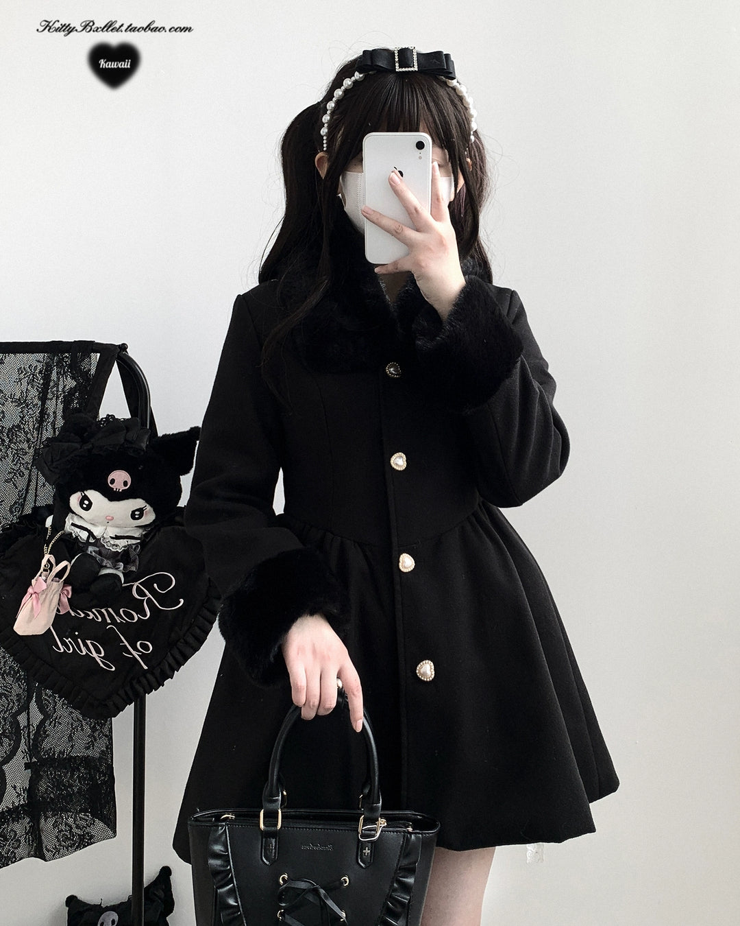 Jirai Kei Coat Detachable Fur Collar Dress Coat Wool-like Jacket 40416:667600