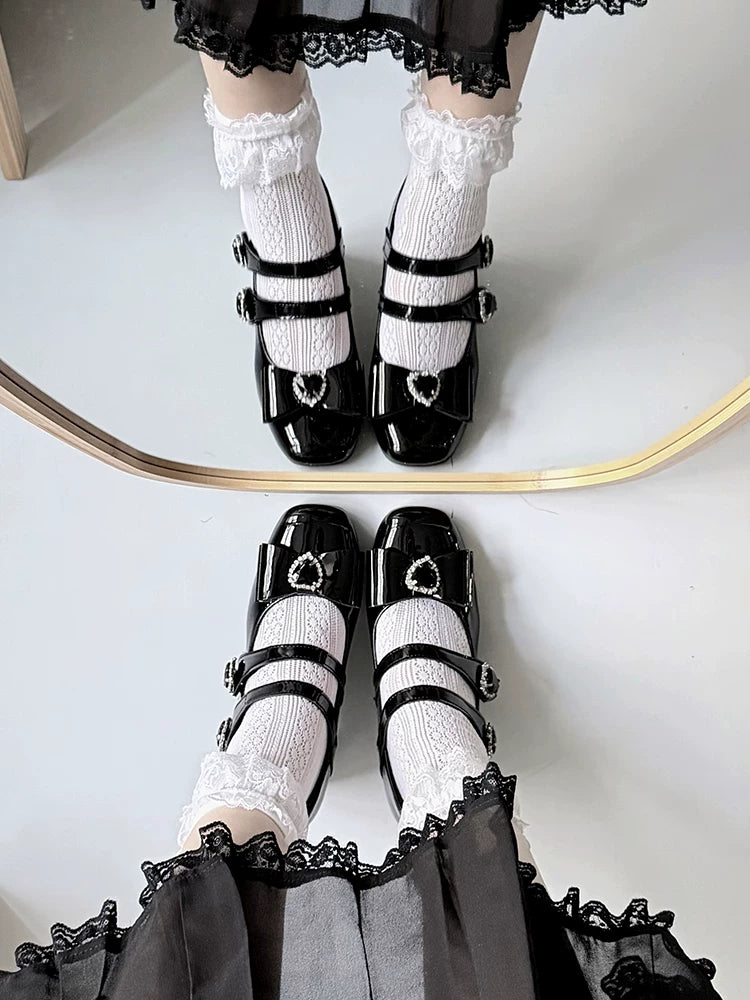 Jirai Kei Square Toe Chunky Heels, Heart rhinestone Details 45840:867421