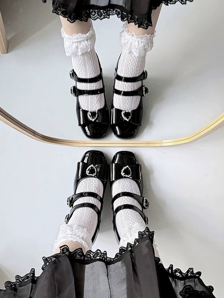 Jirai Kei Square Toe Chunky Heels, Heart rhinestone Details 45840:867421