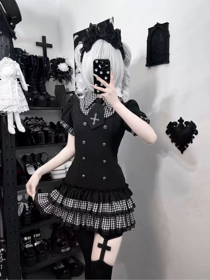 Low-Waist Jirai Kei Dress Set, Cross Embroidery 44780:826718