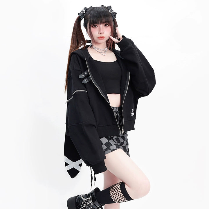 Kawaii Black Long Sleeve Hoodie With Rabbit Ears 22754:326842