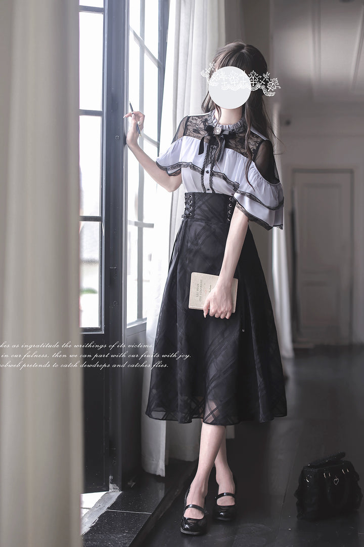 Black Long Jirai Kei Skirt With Elegant Purple Cape Blouse 43111:766066