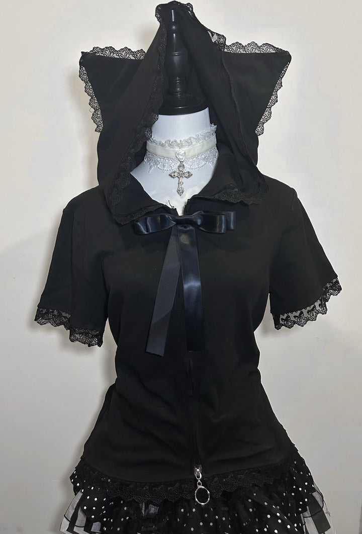 Jirai Kei Blouse Cat Ear Short Sleeve White Black Shirt 37630:575566