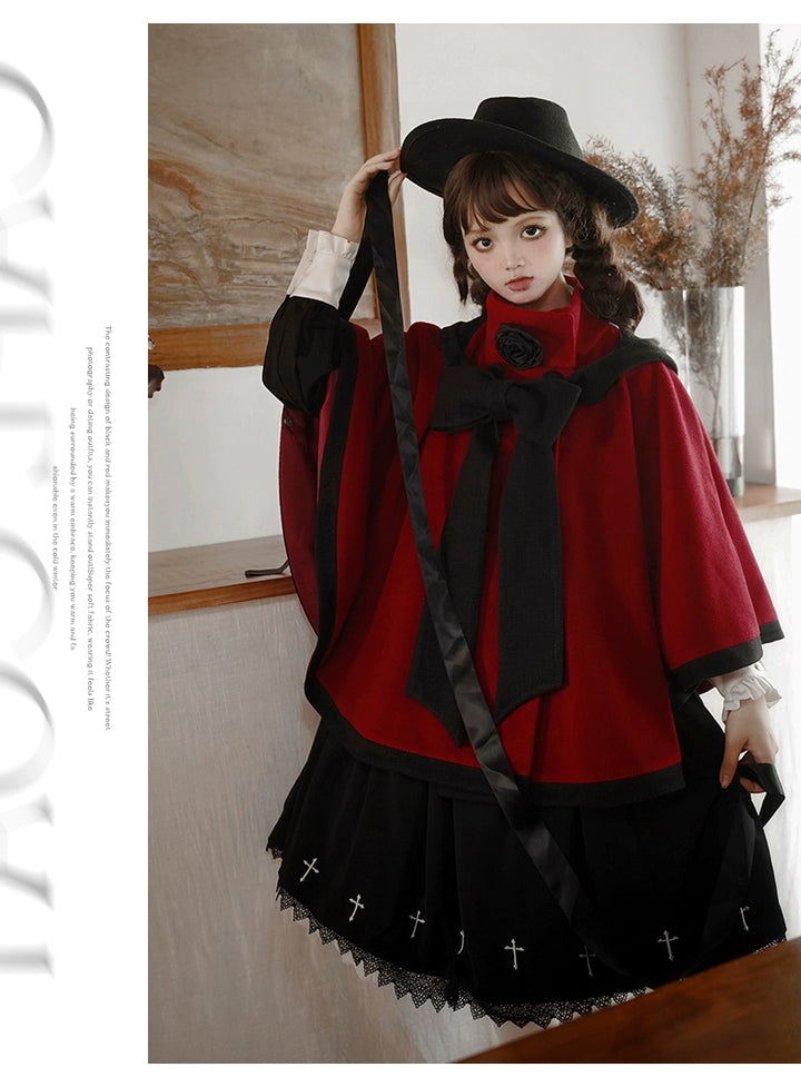 Elegant Lolita Winter Coat Black and White Camellia Cape 40284:658162