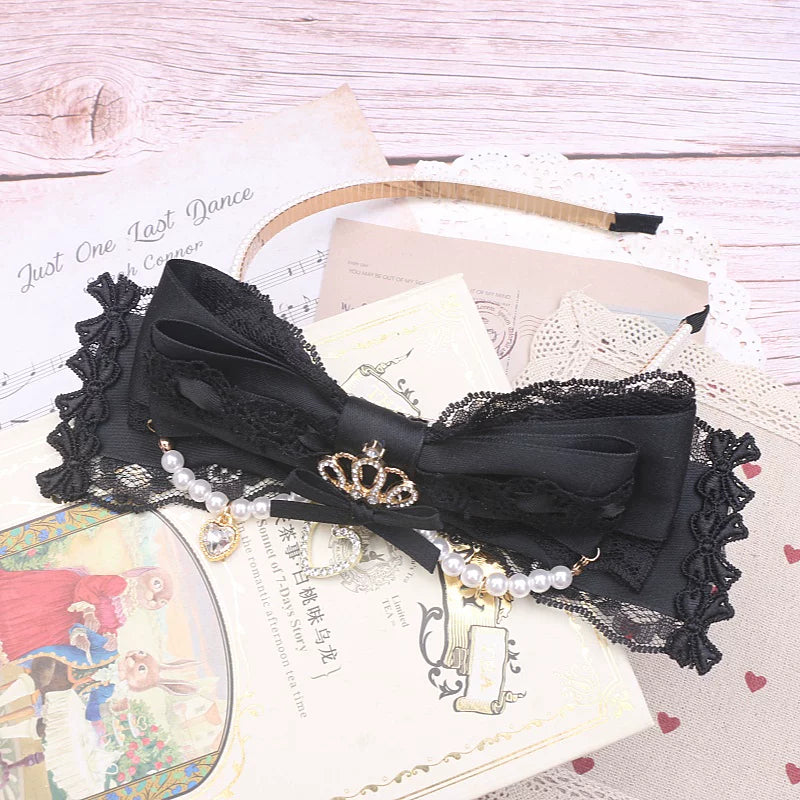 Jirai Kei Pearl-edged Headband, Crown & Heart Rhinestone 45073:833616