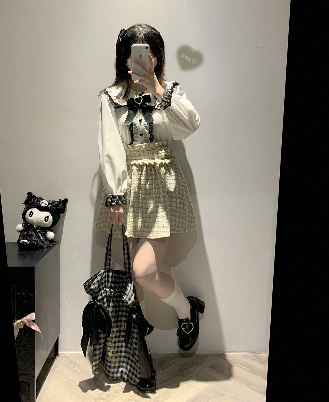 Jirai Kei Blouse Long Sleeve Lace Trim Heart Collar Shirt 29546:371268 29546:371268