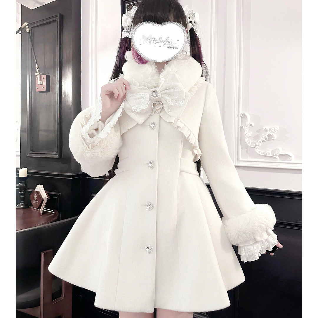 Fluffy Trim Ryousangata Winter Coat, Rhinestone Accents 44200:800843