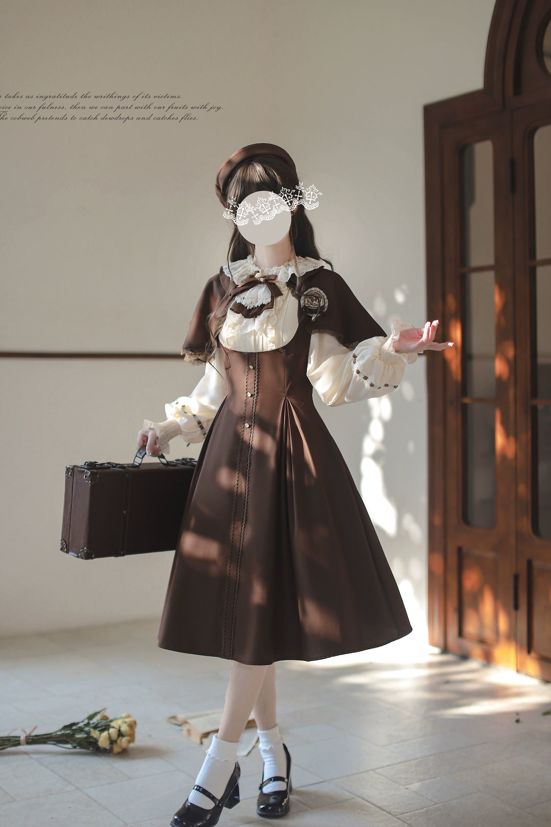 Elegant Lolita Brown and Beige OP Dress Set 44124:797965