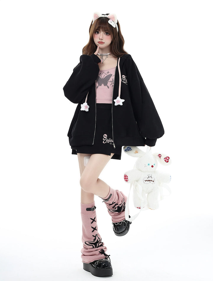 Jirai Kei Hoodie Zipper Jacket Casual Wear Skirt Set Pink Black 32456:439342