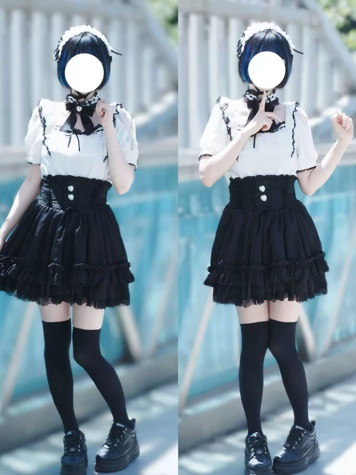 Black / White Jirai Kei Blouse + High-Waisted Skirt 43001:778899