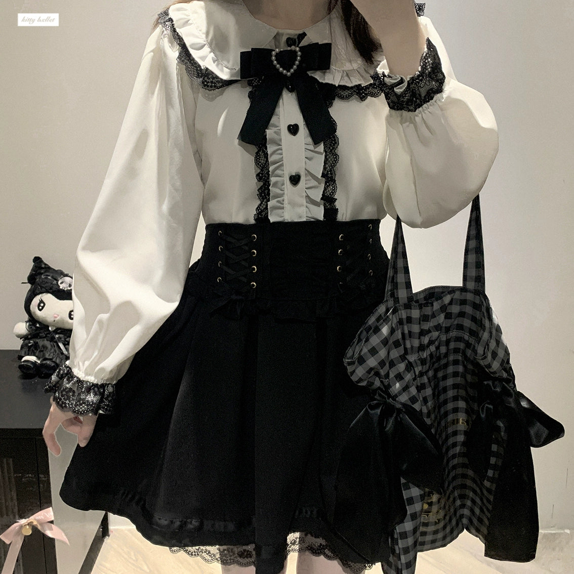 Jirai Kei Blouse Long Sleeve Lace Trim Heart Collar Shirt (F) 29546:371260 29546:371260