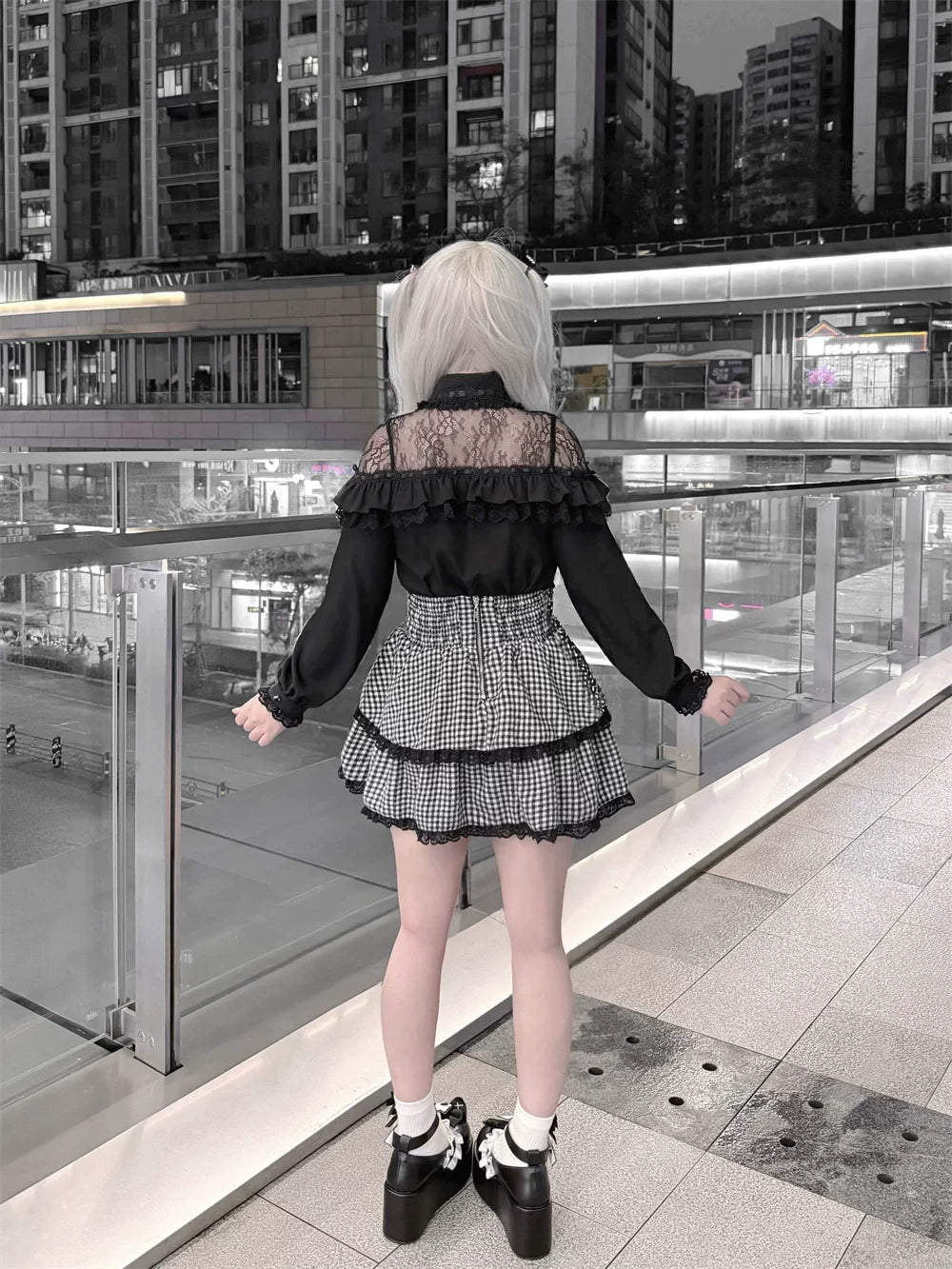 Black Jirai Kei Blouse, Lace Shoulder Design 44679:818775