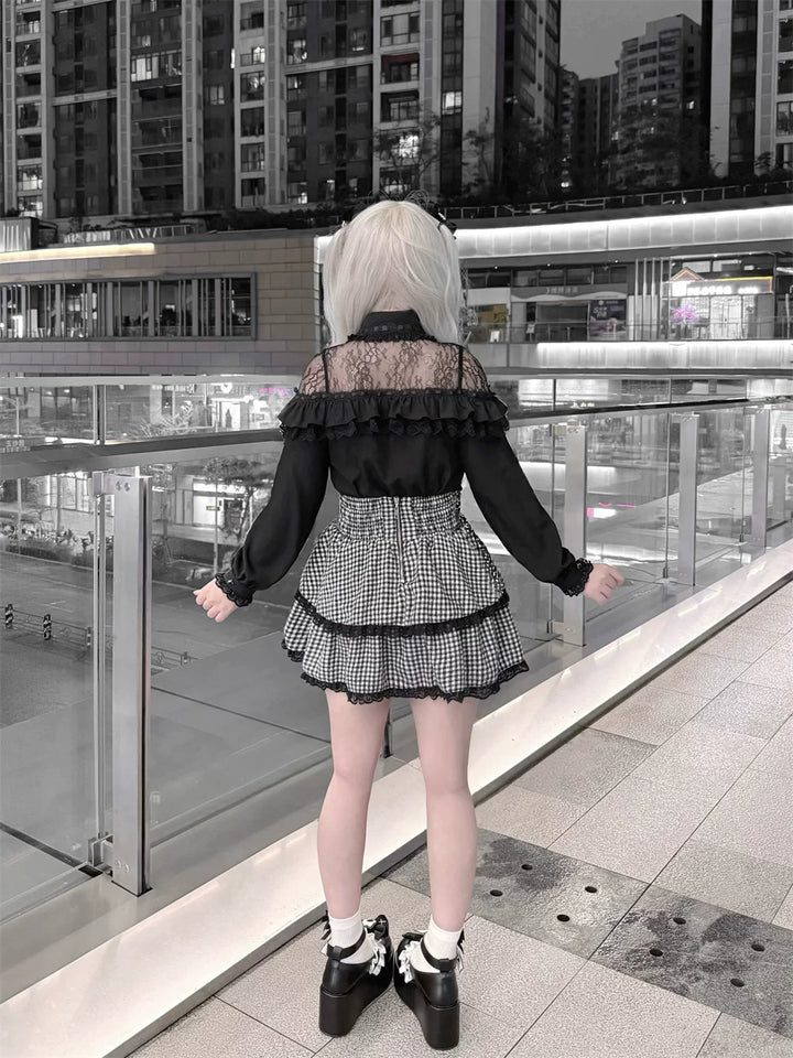 Black Jirai Kei Blouse, Lace Shoulder Design 44679:818775